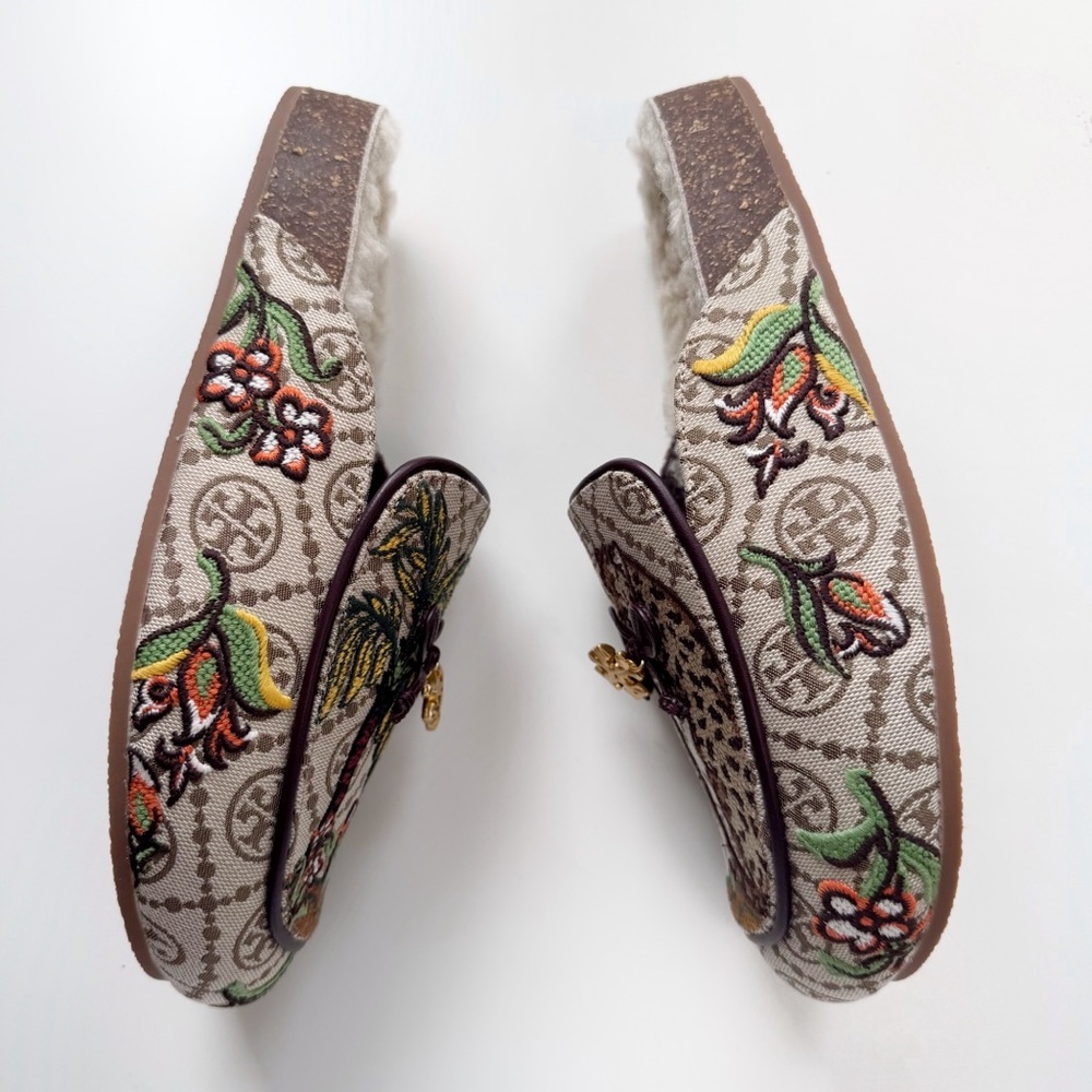 NEW Tory Burch Monogram Jacquard Needlepoint Shearling Mules Cheetah Tropical - Picture 3 of 14